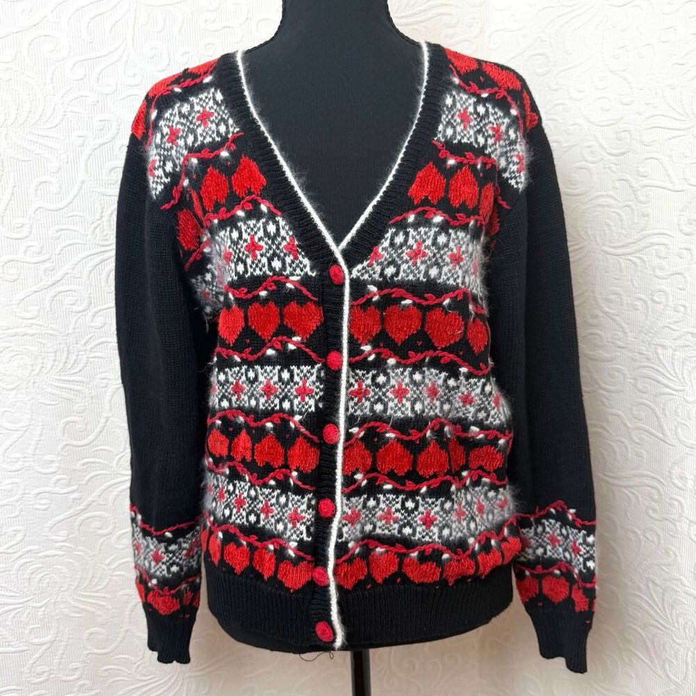 Christopher & Banks Vtg Hand Embroidered Hearts Fair Isle Knit Cardigan S